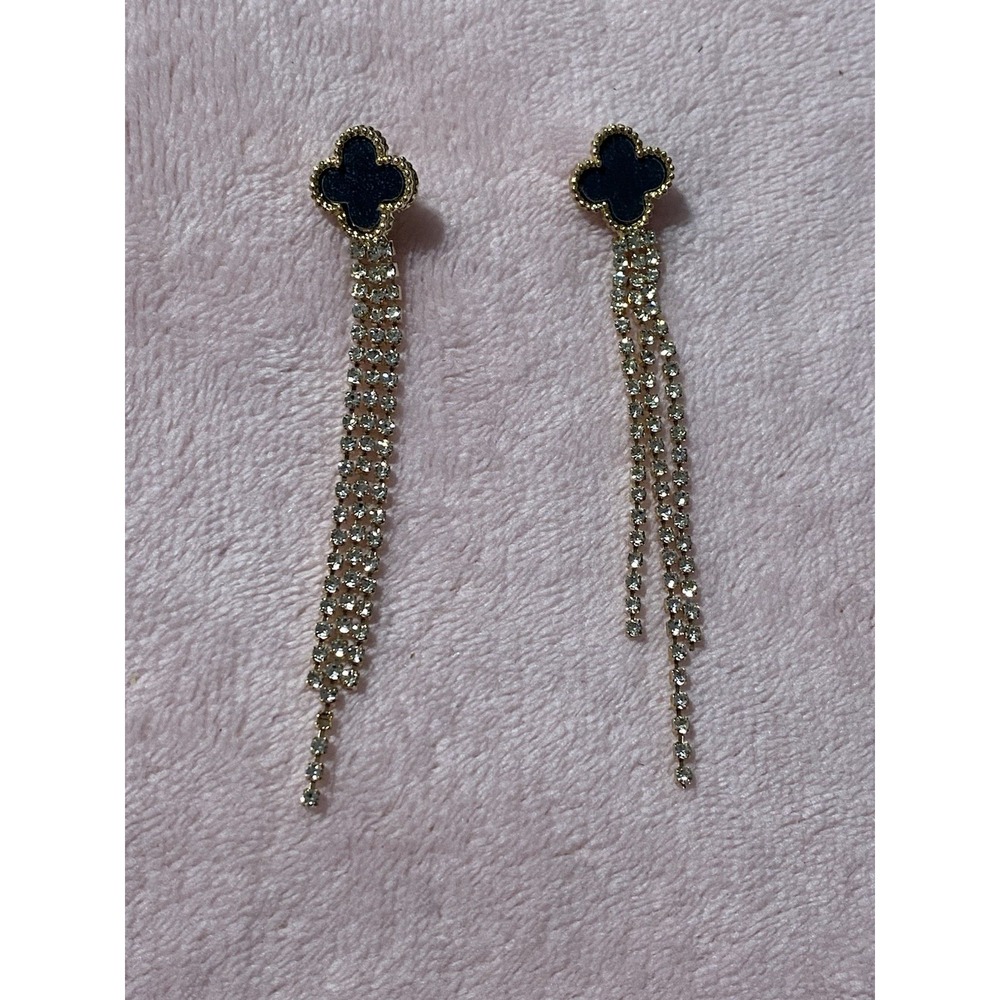 Gold /Black Clover Tone Drop/Dangling Tassel Clear Rhinestones Earrings NWT